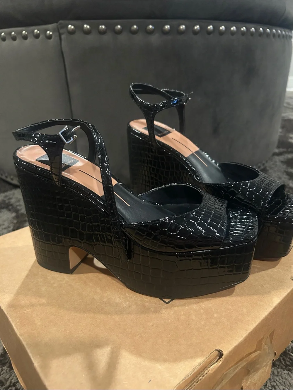 Dolce Vita Black Croc-Embossed Platform Slingbacks